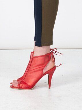 New Handmade Red Mesh & Genuine Leather Lace-Up Stiletto High Heels NYC Designer